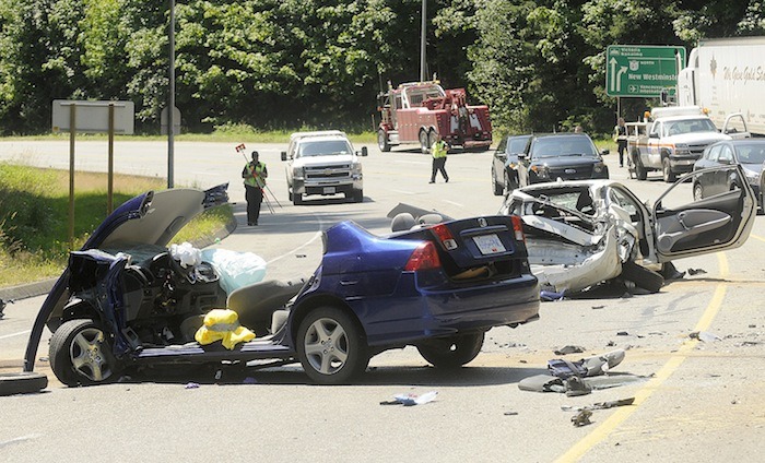 A crash last month at Highway 10 and Scott Road in Delta. Injury crashes and the resulting claims are driving basic rates up at ICBC.