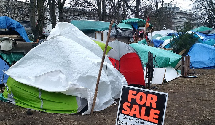Tent camp next to Victoria courthouse persists even as shelter and housing spaces are added. Housing Minister Rich Coleman says some campers are there as a protest and they want a confrontation.