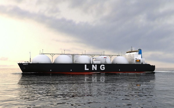 LNG tanker carrying cooled and compressed natural gas.