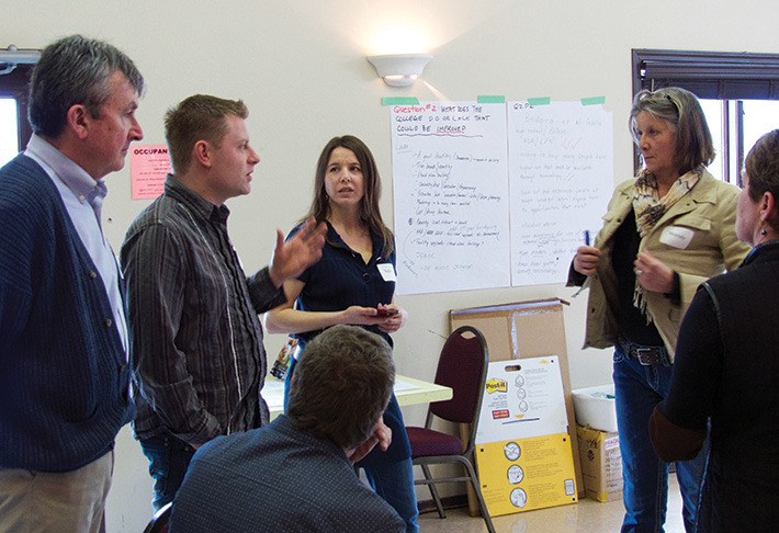 District of Invermere mayor Gerry Taft (second from left) was among the roomful of community representatives who attended a stakeholder planning meeting at the Columbia Valley Chamber of Commerce Lions’ Hall to evaluate the school’s presence in the community.