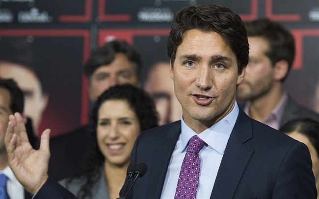 Liberal party leader Justin Trudeau speaks to supporters duirng a 2015 federal election campaing stop in the riding of Papineau in Montreal Tuesday