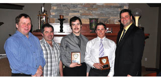 It was a big night as the Columbia Valley Rockies held an end of season banquet. Some of the local talent on the team walked away with awards before the night was over. Pictured top left are players Jacob Halderman and local Geoff Wolfe were shared the Unsung Hero award. Tryg Strand (picture bottom left) was named the MVP for the Rockies.  Also in pictures are Rockies' General Manager and Assistant Coach Bob Shedden