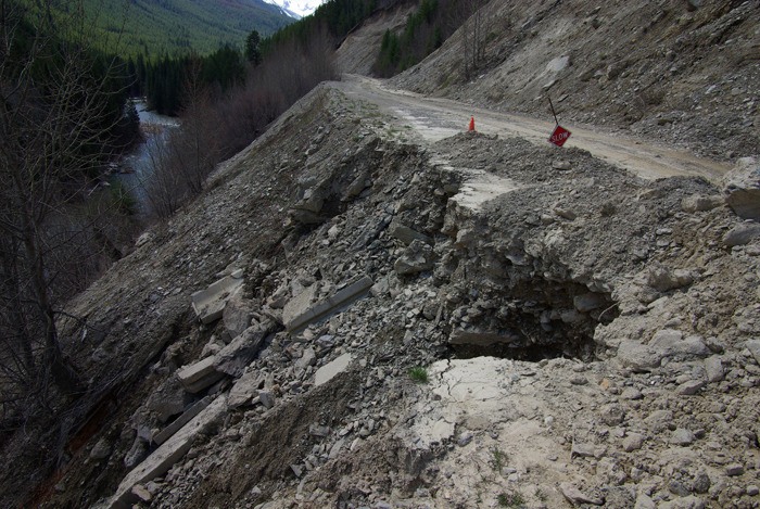 A section of the Toby Creek gravel access road gave way after a landslide on April 29.