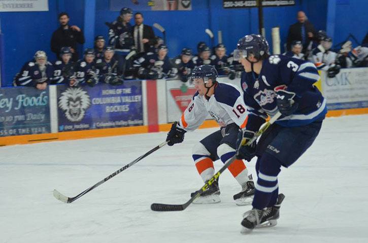 Rockies forward Donoven Quintin (#18) working hard in the game against Creston at the Eddie on February 19th. The Rockies lost 5-3 but came back to beat the Thunder Cats 6-3 the next night in Creston.