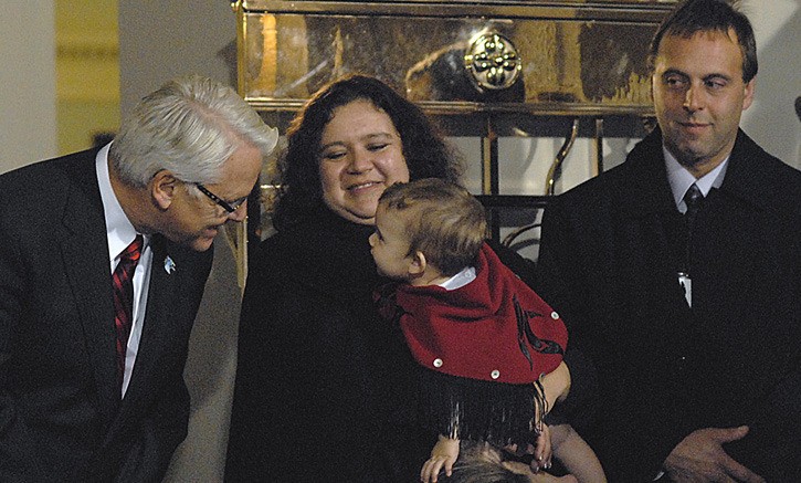 Former Tsawwassen First Nation Chief Kim Baird introduces her child to former premier Gordon Campbell at signing ceremony for the Tsawwassen treaty in 2007. It is one of four treaties completed under the B.C. Treaty Commission.