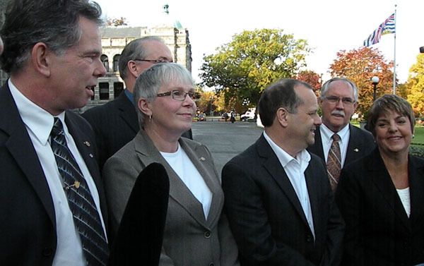 Federal NDP president Brian Topp (third from right) is flanked by MLAs supporting his bid for the leadership of the national party Thursday.