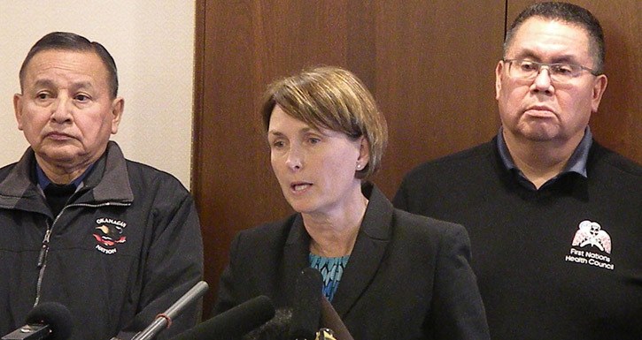 Grand Chief Stewart Phillip of the Union of B.C. Indian Chiefs (left) and Grand Chief Doug Kelly of the First Nations Health Council stand in support of Representative for Children and Youth Mary Ellen Turpel-Lafond