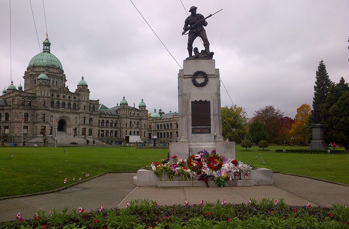 Floral tributes began arriving early at the cenotaph at the B.C. legislature after the murder of two Canadian Forces members in Ottawa and Quebec in October.