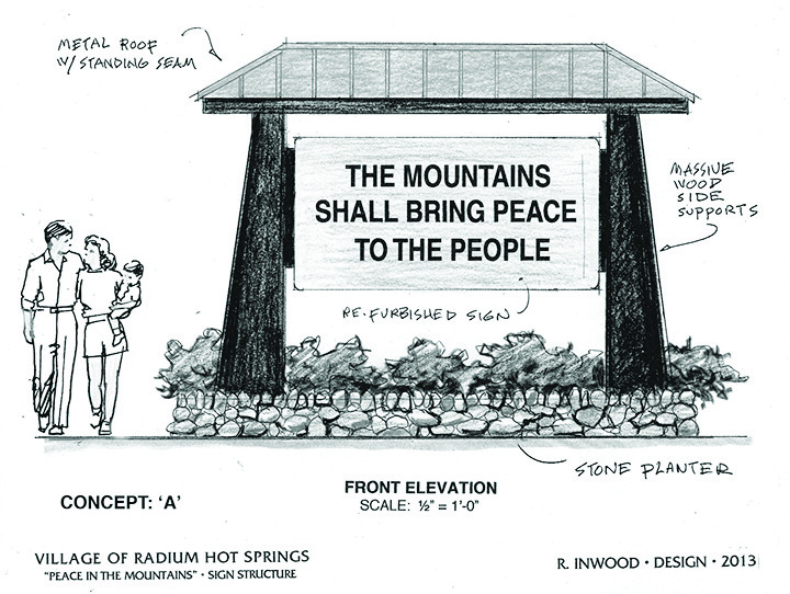 Artist’s concept (above) of the revitalized “The Mountains Shall Bring Peace to the People” sign structure in Radium Hot Springs (original sign below) by Inwood Robert & Associates Design