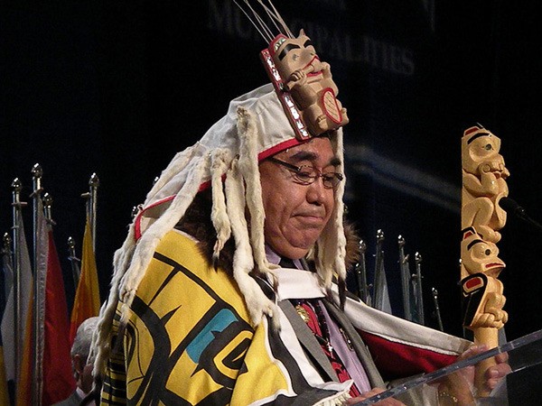 Harry Nyce displays Nisga'a formal dress at his induction as president of the Union of B.C. Municipalities in 2009. Nyce helped negotiate the Nisga'a treaty and has served as director of fish and wildlife of the Nisga'a Lisims government.