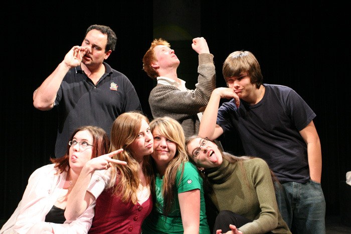 March 2008 — The cast and crew of the David Thompson Secondary School production of Flowers for Algernon showed their flair following a dress rehearsal for the one act play. Back: Director Keinan Driedger