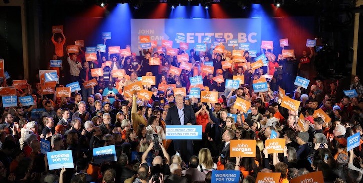 NDP leader John Horgan speaks to rally at the Commodore Ballroom in Vancouver Sunday.