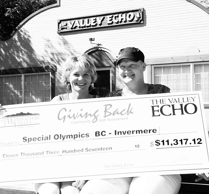 2010 — Karen Cote accepted a cheque from The Valley Echo’s Sheila Tutty on behalf of the Columbia Valley Chapter of the B.C. Special Olympics from the annual Giving Back Golf Tournament.