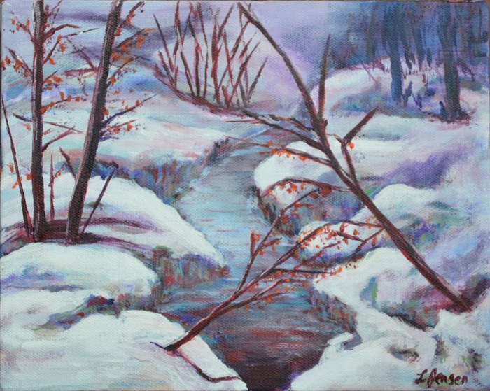 Hopeful Creek is an art piece by painter Laila Jensen whose work will be on display at Pynelogs as part of the Purcell Mountain Painters exhibition.