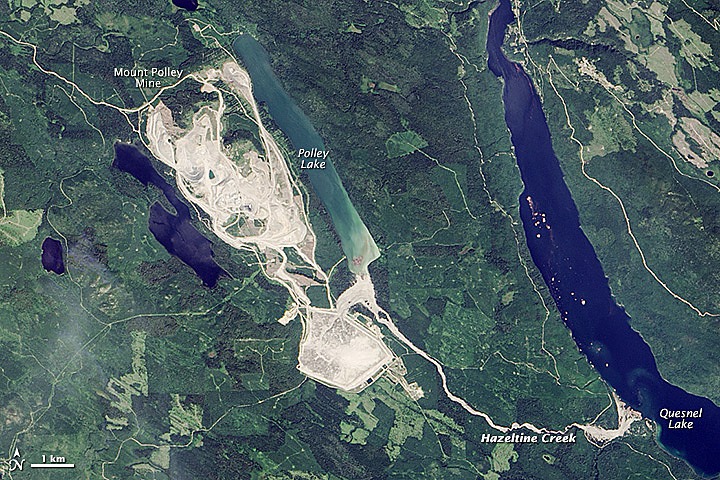 Satellite image taken the day after Mount Polley mine tailings breach shows drained tailings dam and spill that backed into Polley Lake and down Hazeltine Creek to Quesnel Lake.