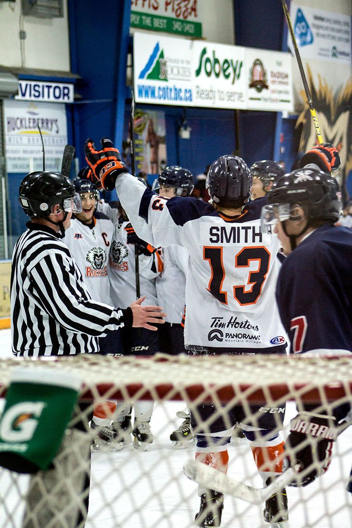 The Rockies celebrate one of three goals against the Spokane Braves at the Eddie Mountain Memorial Arena on Friday