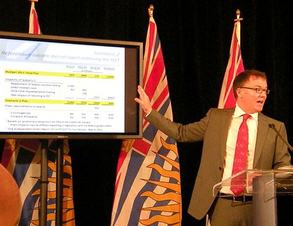 Finance Minister Kevin Falcon explains the impact of scrapping the HST to reporters in Victoria Wednesday.