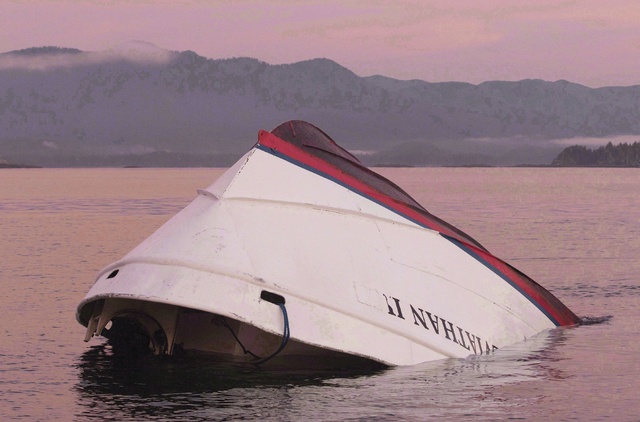 The bow of the Leviathan II, a whale-watching boat owned by Jamie’s Whaling Station, is seen near Vargas Island Tuesday, October 27, 2015 as it waits to be towed into Tofino, B.C., for inspection. The Transportation Safety Board is analyzing cameras from passengers and crew as part of its investigation into a deadly whale-watching accident that claimed six lives near Tofino, B.C. THE CANADIAN PRESS/Chad Hipolito