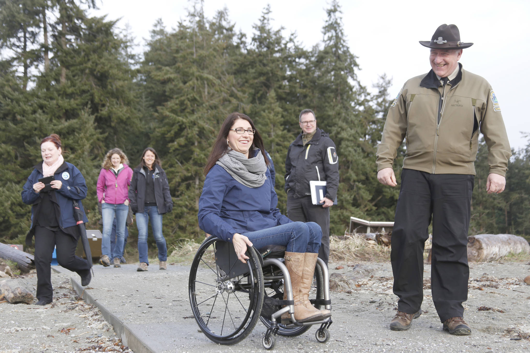 Adam Kveton Photo Michelle Stilwell, MLA for Parksville-Qualicum (centre), takes a quick tour of the beach at Rathtrevor Provincial Park along with B.C. Parks and B.C. Recreation Sites and Trails staff on Thursday, March 23, ahead of the anouncement that Rathtrevor will have 30 new campsites available by this May.