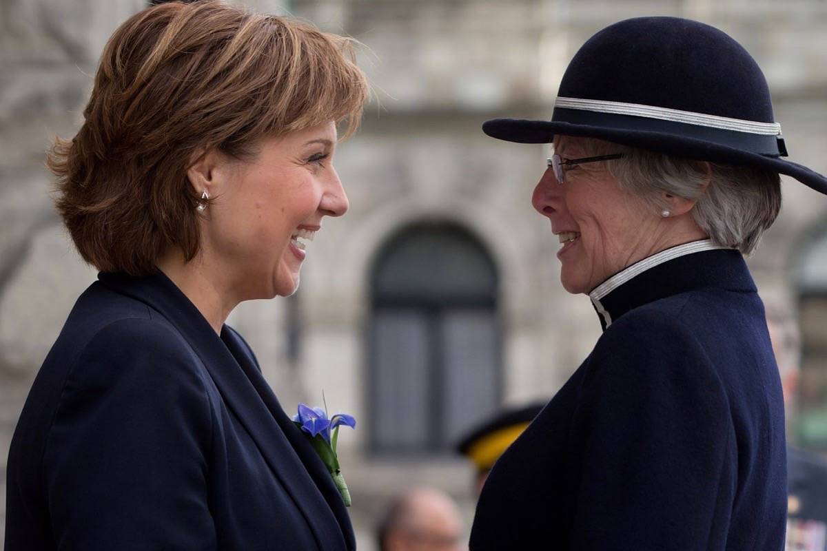 Premier Christy Clark greets Lt. Governor Judith Guichon for the reading of the government’s throne speech, 2013. Guichon will have a pivotal role if the final vote count leaves a minority parliament in B.C.
