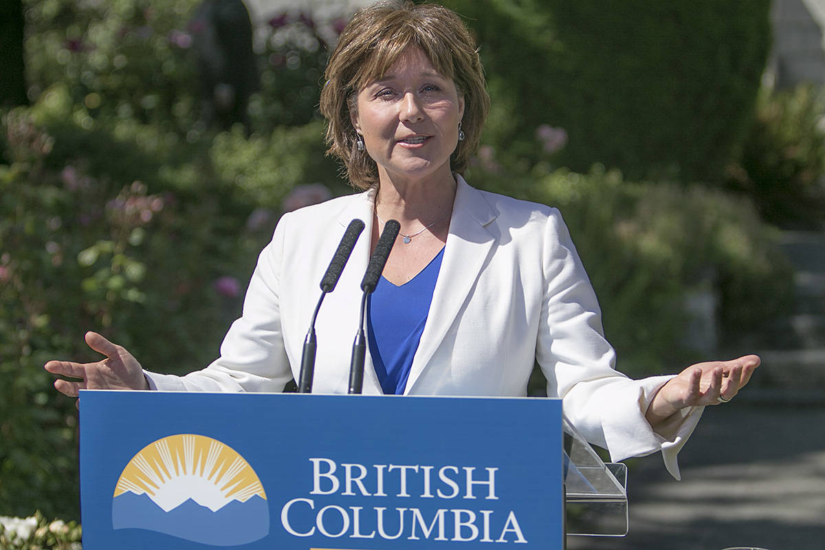 B.C. Liberal leader Christy Clark speaks to the media in the rose garden following following the throne speech June 22. (Arnold Lim/Black Press)