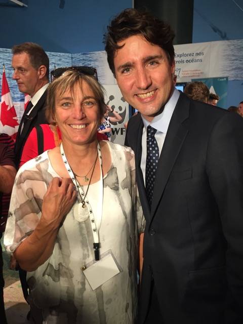 Kat Hartwig mugs with Justin Trudeau during the conference accompanying the official release of the WWF Canadian Fresh Water Health Assessment on Monday, June 12th.                                Photo submitted