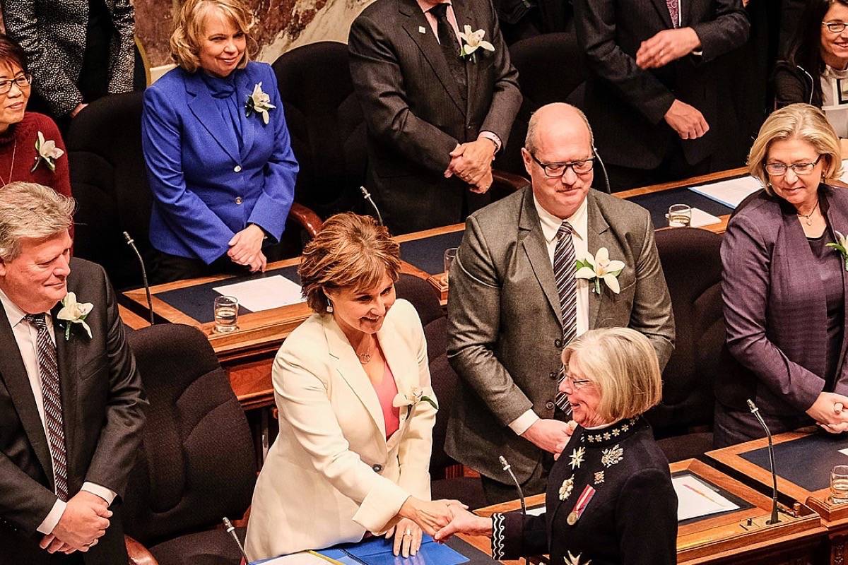 Premier Christy Clark greets Lt. Governor Judith Guichon before presentation of the government’s pre-election throne speech. Today’s speech adds many more promises taken from NDP and Green platforms. (B.C. GOVERNMENT)
