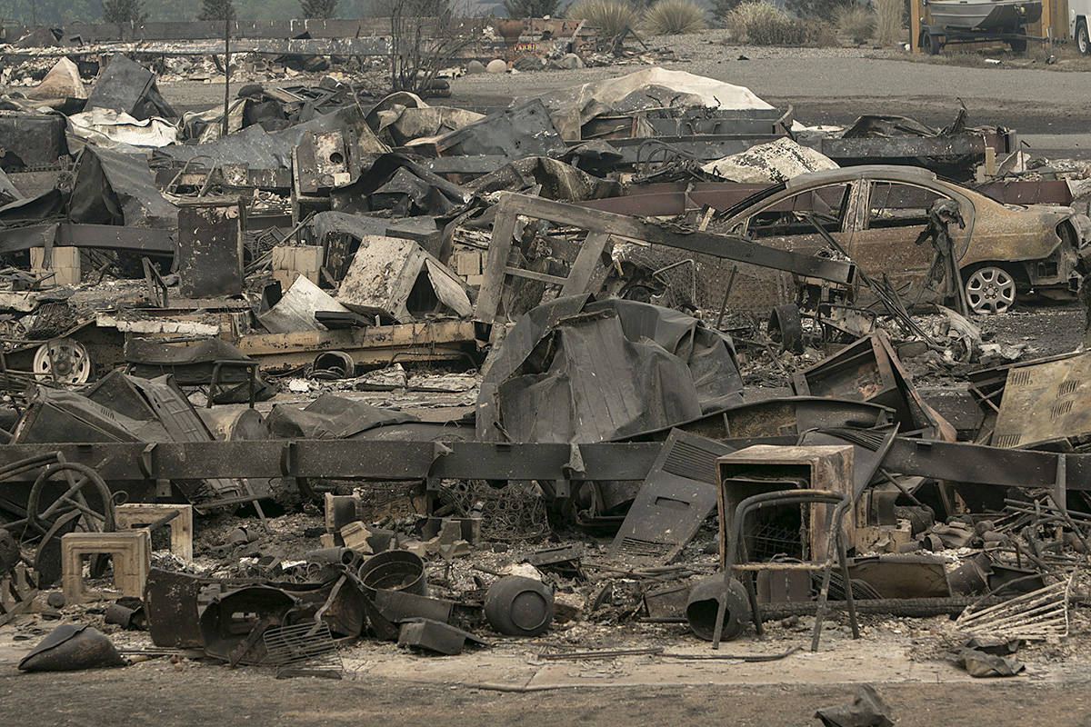The scene from Boston Flats, where dozens of mobile homes have been burnt to the ground. (Arnold Lim/Black Press)