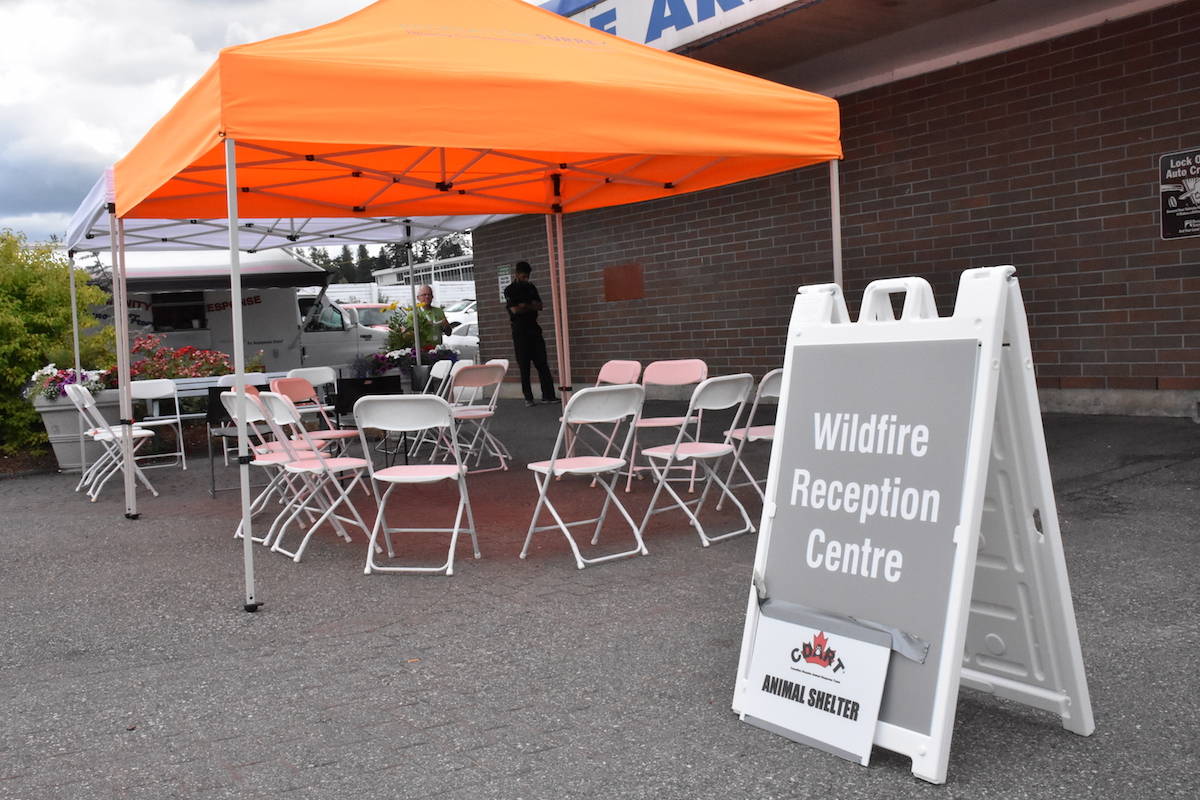 Volunteers help setup an evacuation centre in Cloverdale on Sunday. (Lance Peverly/Peace Arch News)