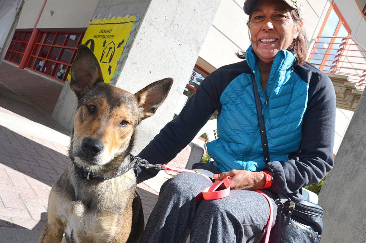 150 Mile resident Norma Sure and dog, Nylah, are some of the many evacuees in Prince George. (Ashley Wadhwani/Black Press)